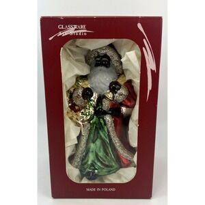 Glassware Art Studio Polish Blown Glass Ornament Christmas Africa Brown Santa 6"